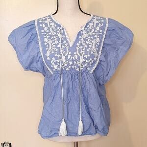 Jordann Blue Embroidered Size Medium M White Tassle Blouse
